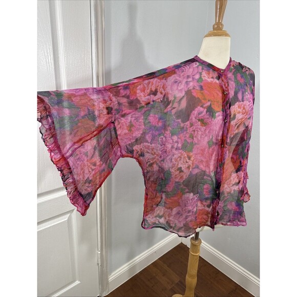 Johnny Was Blouse Top Womens Extra‎ Large Sheer Floral Button Up Boho FairyCore - Picture 4 of 12